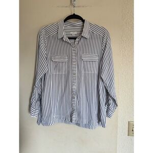 J Jill Striped Button Down Shirt Womens Petite Medium Long Sleeve Pockets Preppy